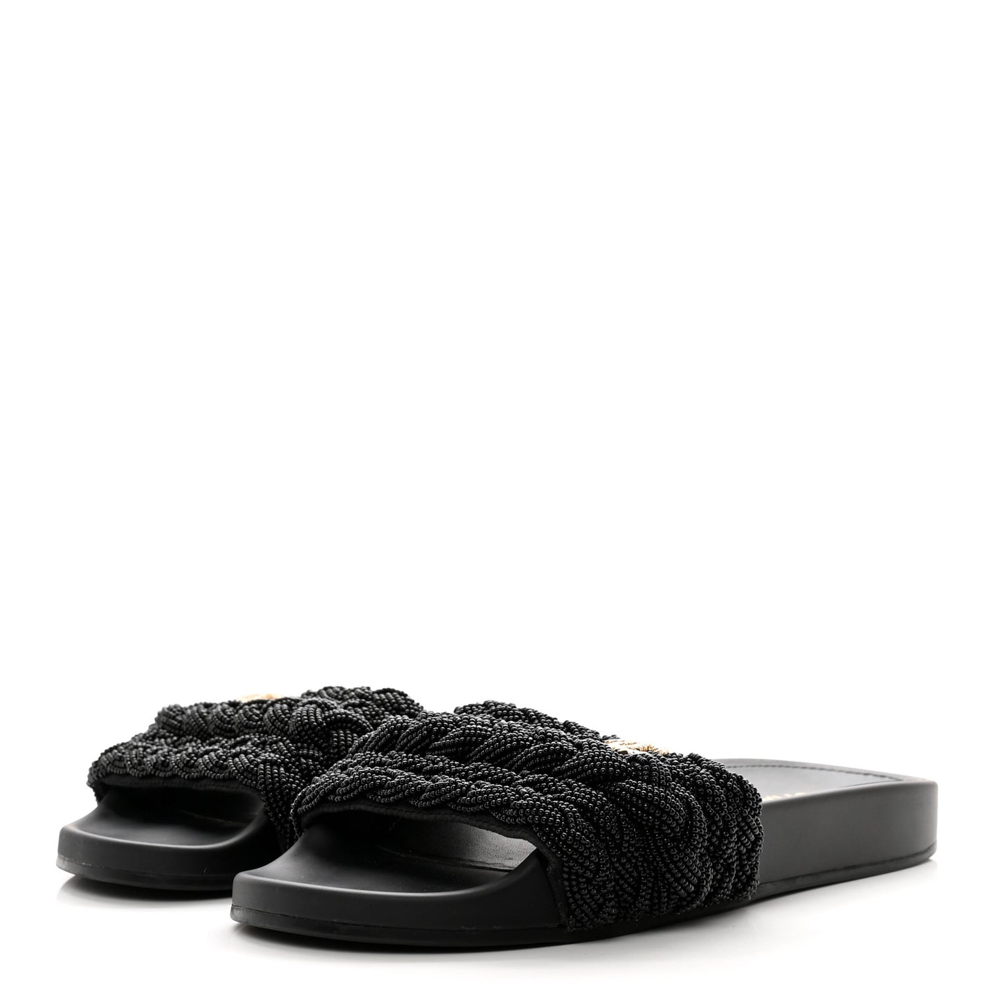 Lambskin Pearl Beaded Woven Slides 38 Black