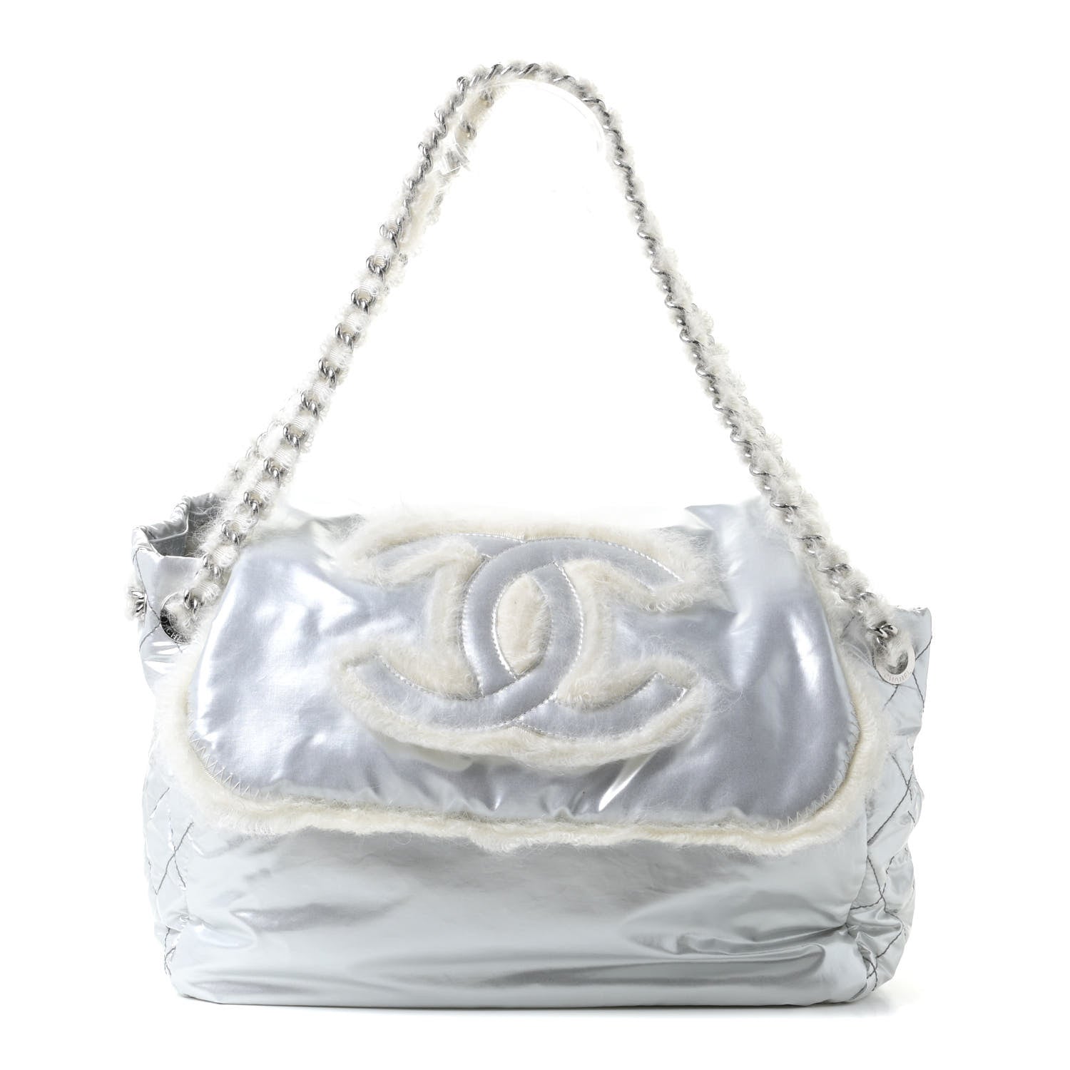 Chanel Vinyl Mohair Trimmed Accordion Arctic Polar Ice Flap Silver 1 of 9