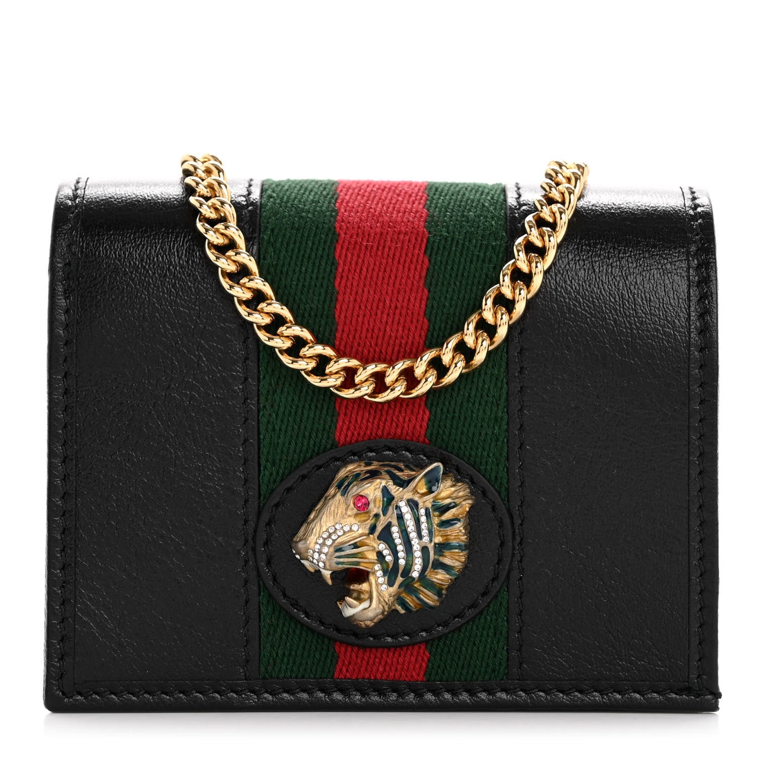Gucci Calfskin Web Rajah Chain Card Case Wallet Black 1 of 11