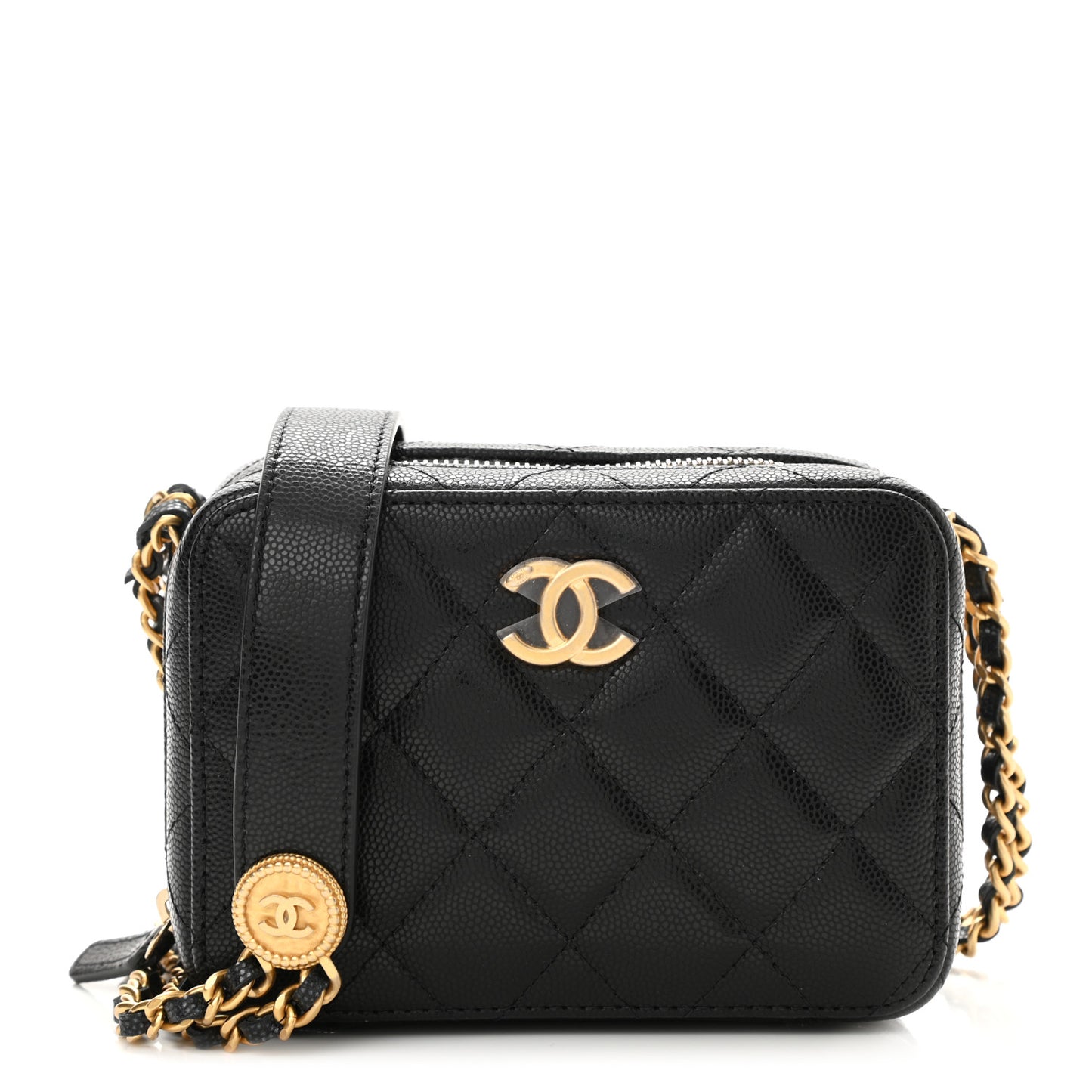 Caviar Quilted Twist Your Buttons Clutch With Chain Black