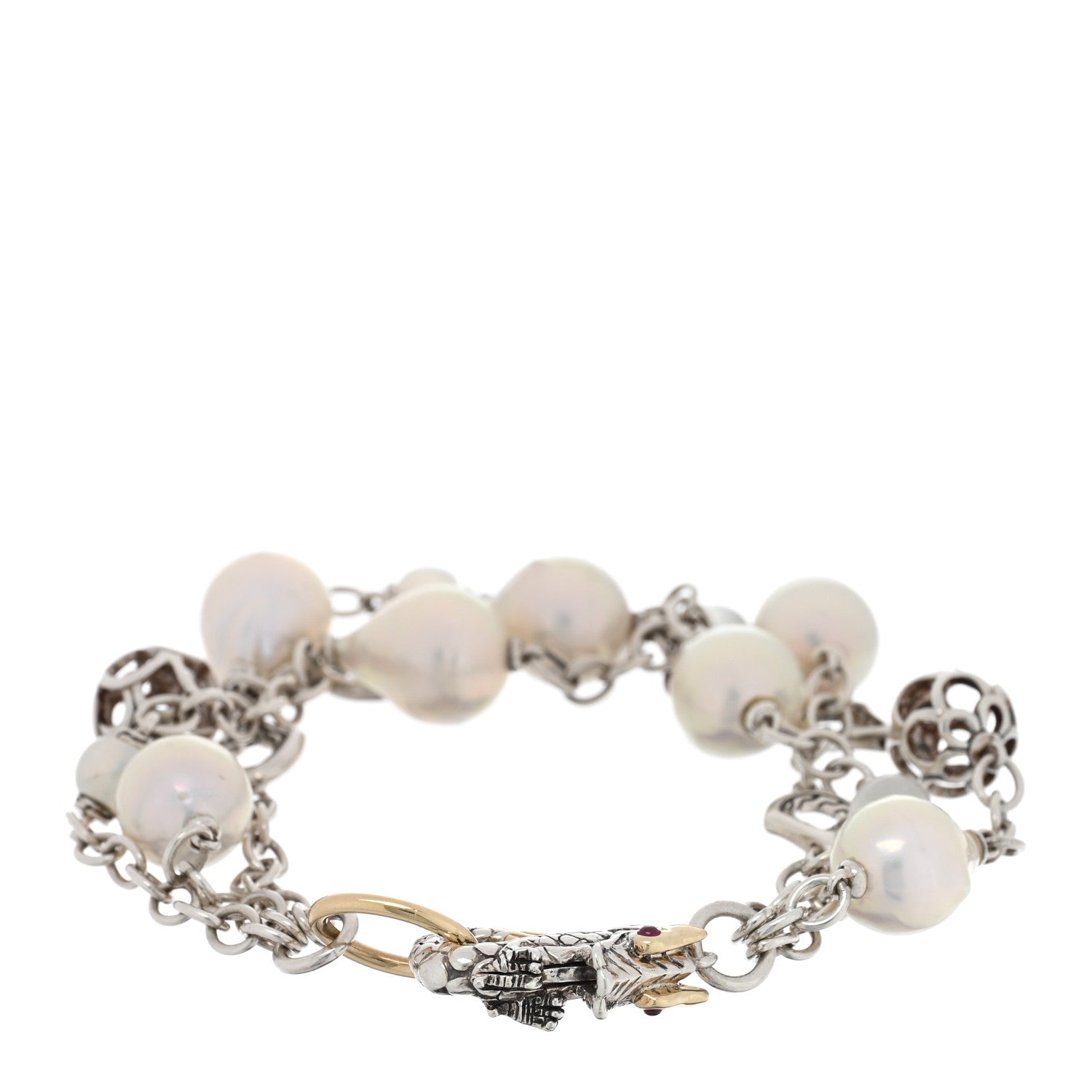 John Hardy Sterling Silver 18K Yellow Gold Cultured Pearl Ruby Moonstone Naga Dragon Three Strand Bracelet 2 of 3