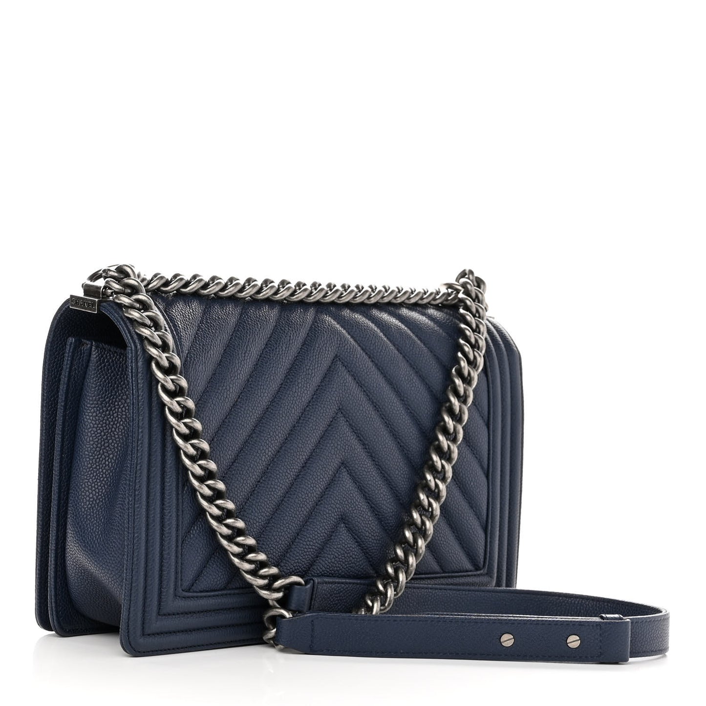 Caviar Chevron Quilted New Medium Boy Flap Dark Navy Blue