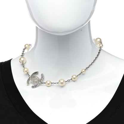 Chanel Pearl Crystal Baguette CC Short Necklace Silver 2 of 6