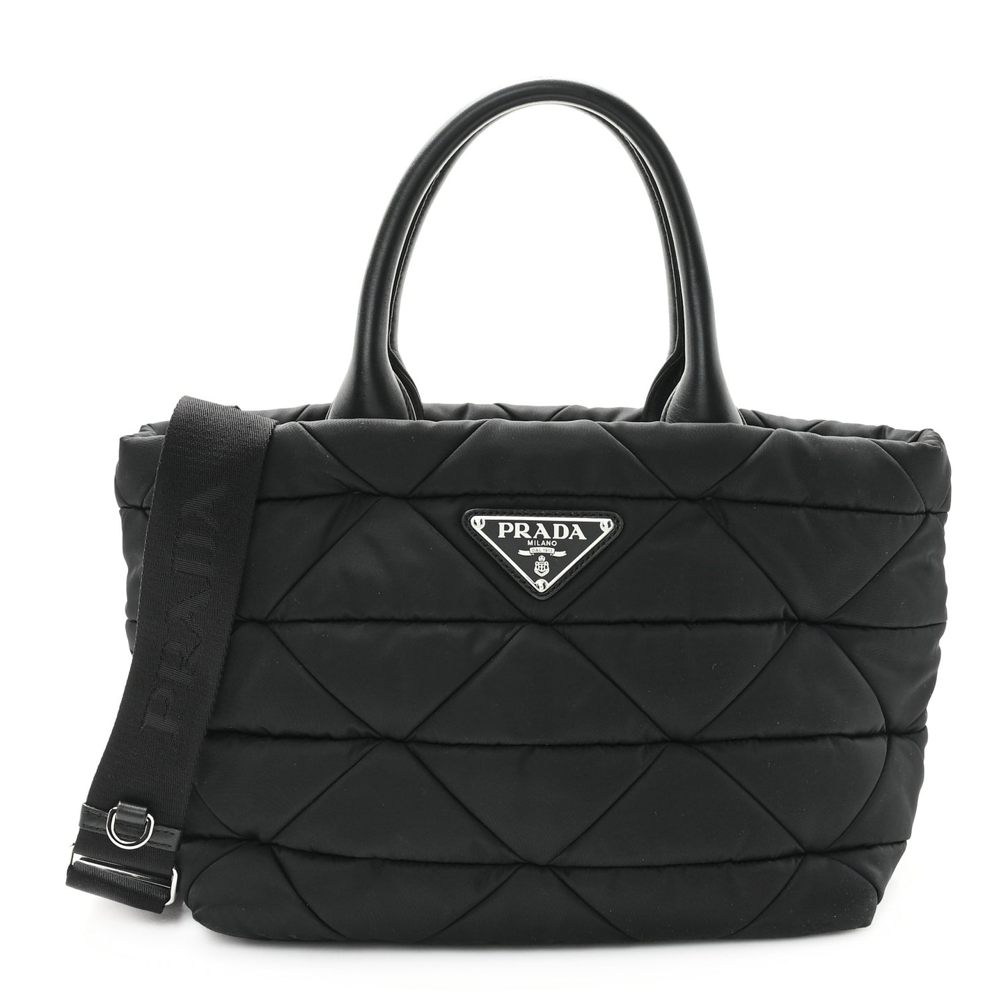 Re-Nylon Nappa Triangle Quilted Padded Small Double Handled Zip Tote Black