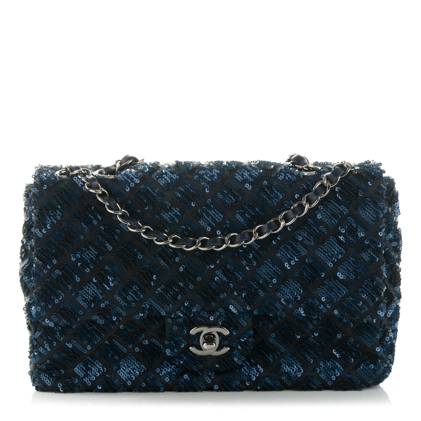 Satin Sequin Medium Classic Flap Blue