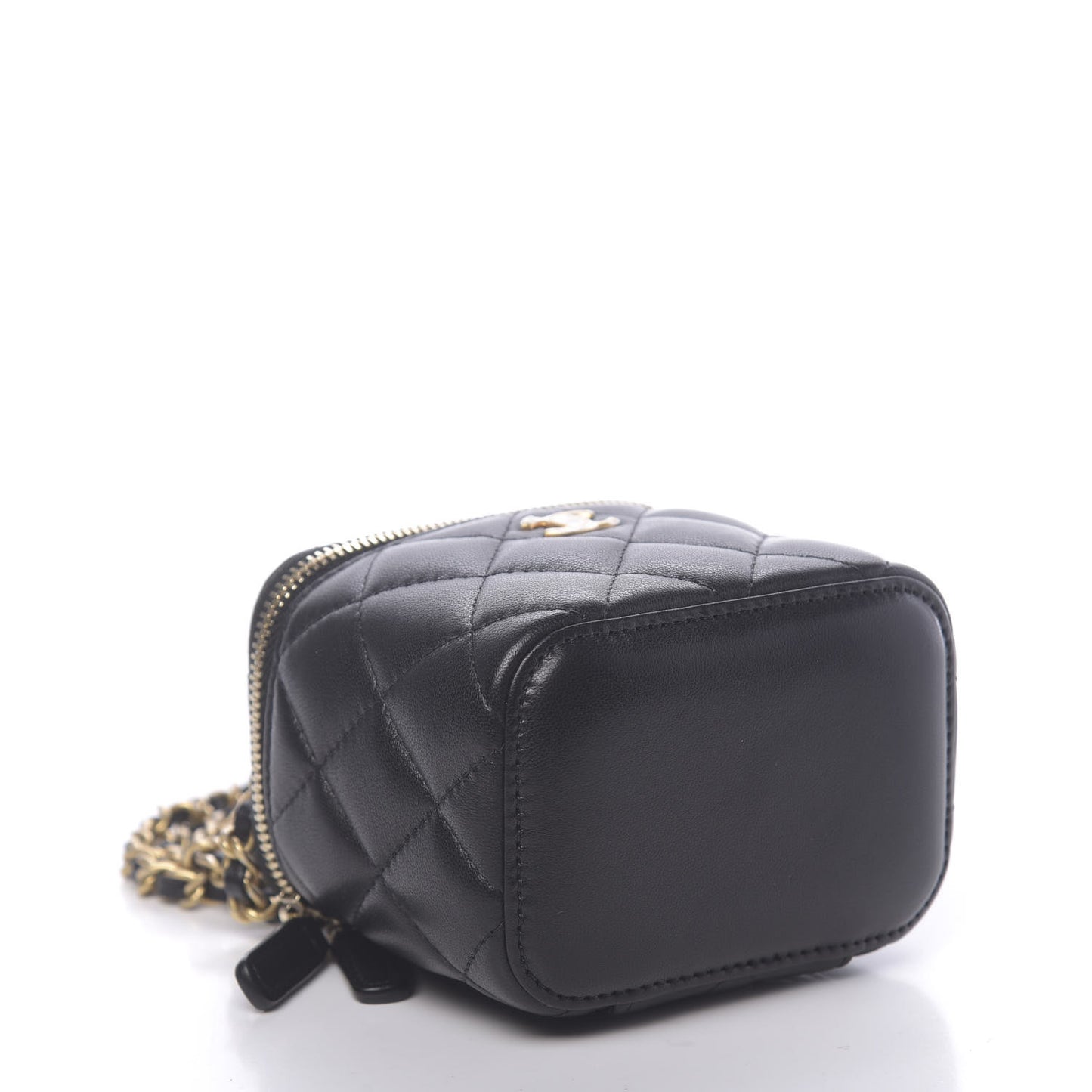 Lambskin Quilted Mini Pearl Crush Vanity Case With Chain Black