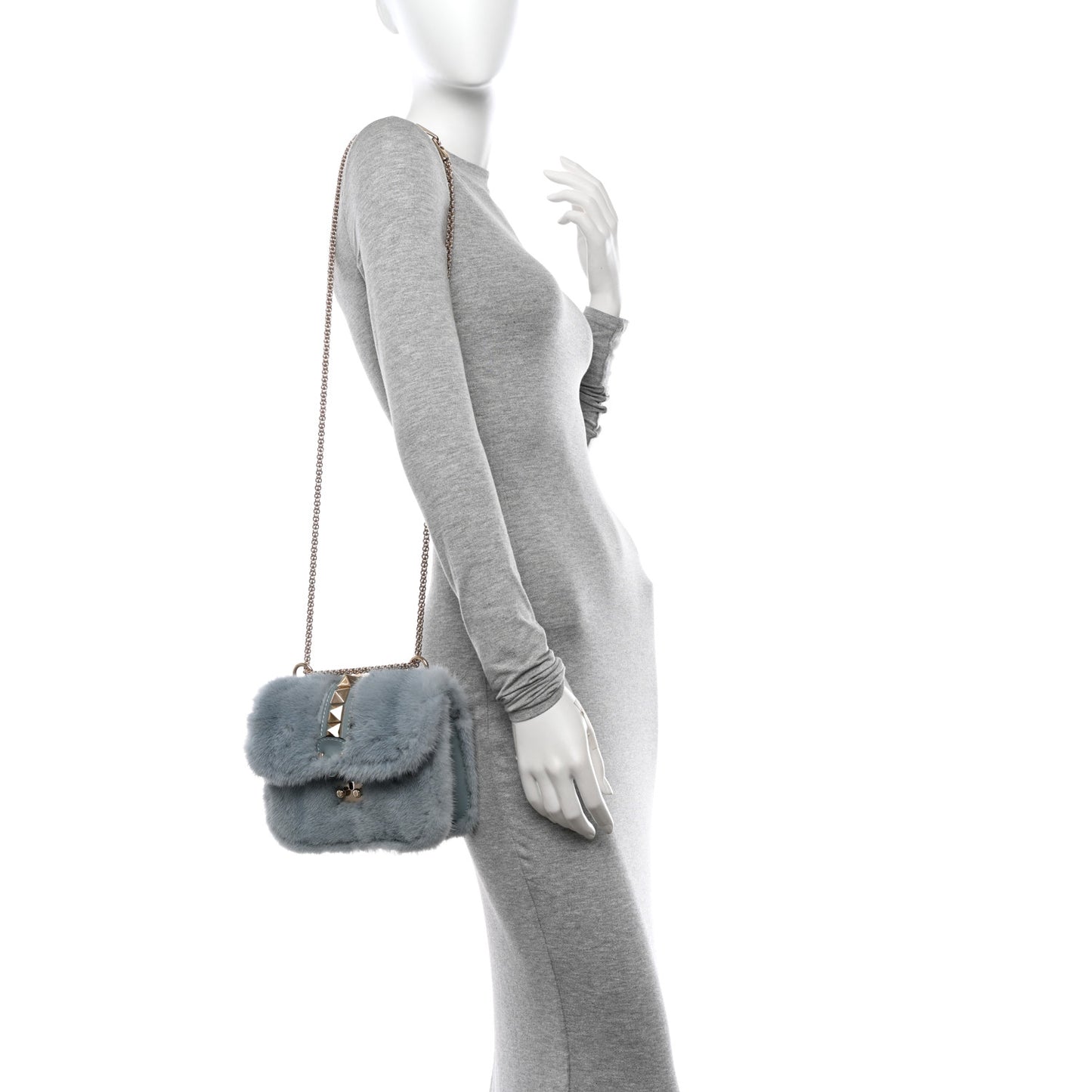 Mink Fur Small Glam Lock Rockstud Flap Light Blue