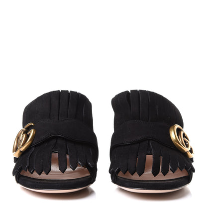 Gucci Kid Scamosciato GG Marmont Fringe 75mm Slide Sandals 35.5 Black 2 of 11