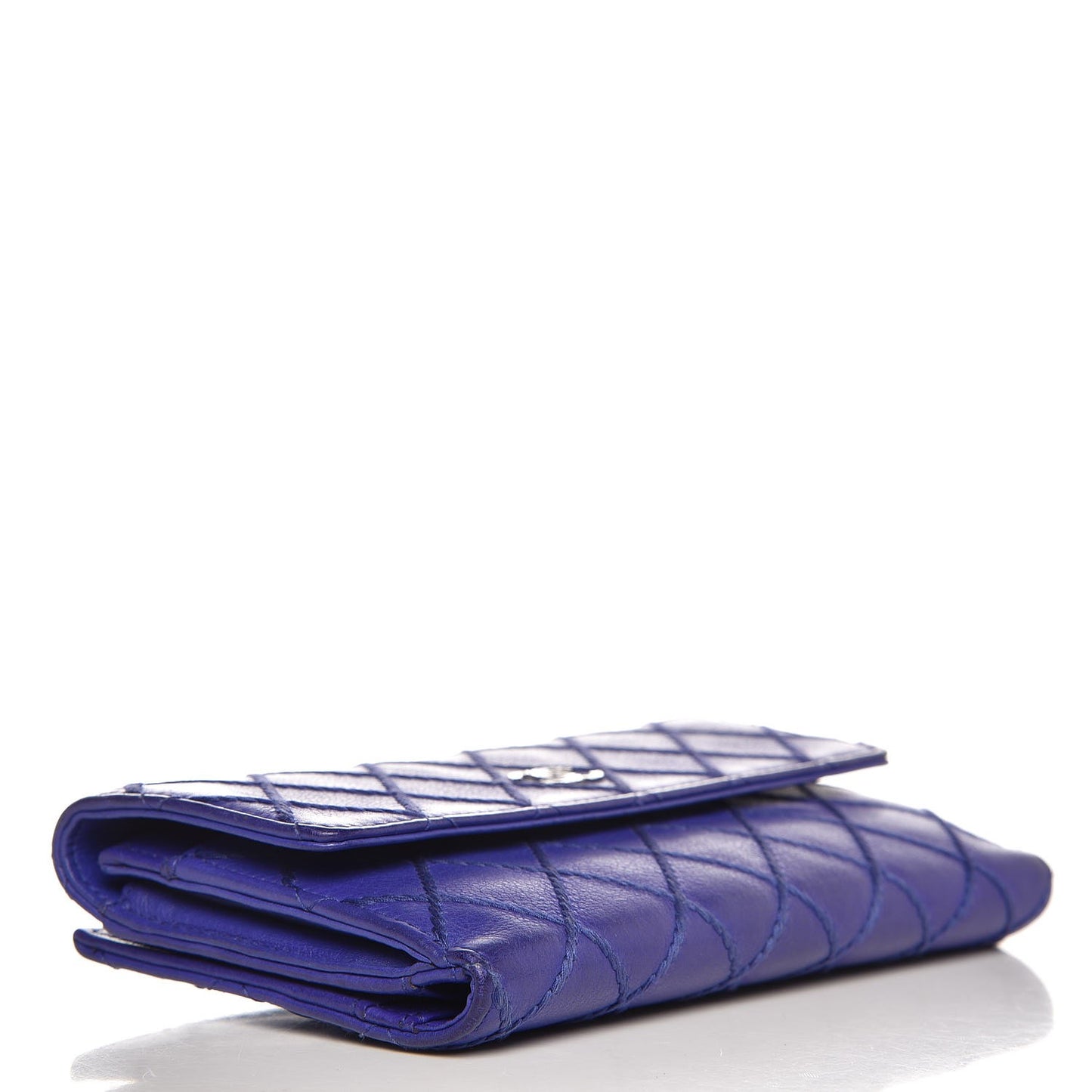 Calfskin Stitched Fancy CC Long Double Wallet Blue