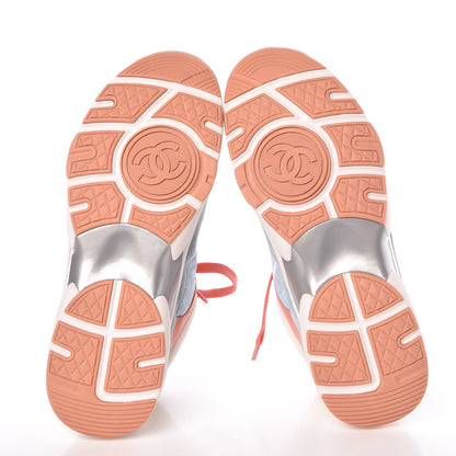 Chanel Nylon Lambskin Suede Calfskin CC Sneakers 40 Coral Light Blue White 5 of 11