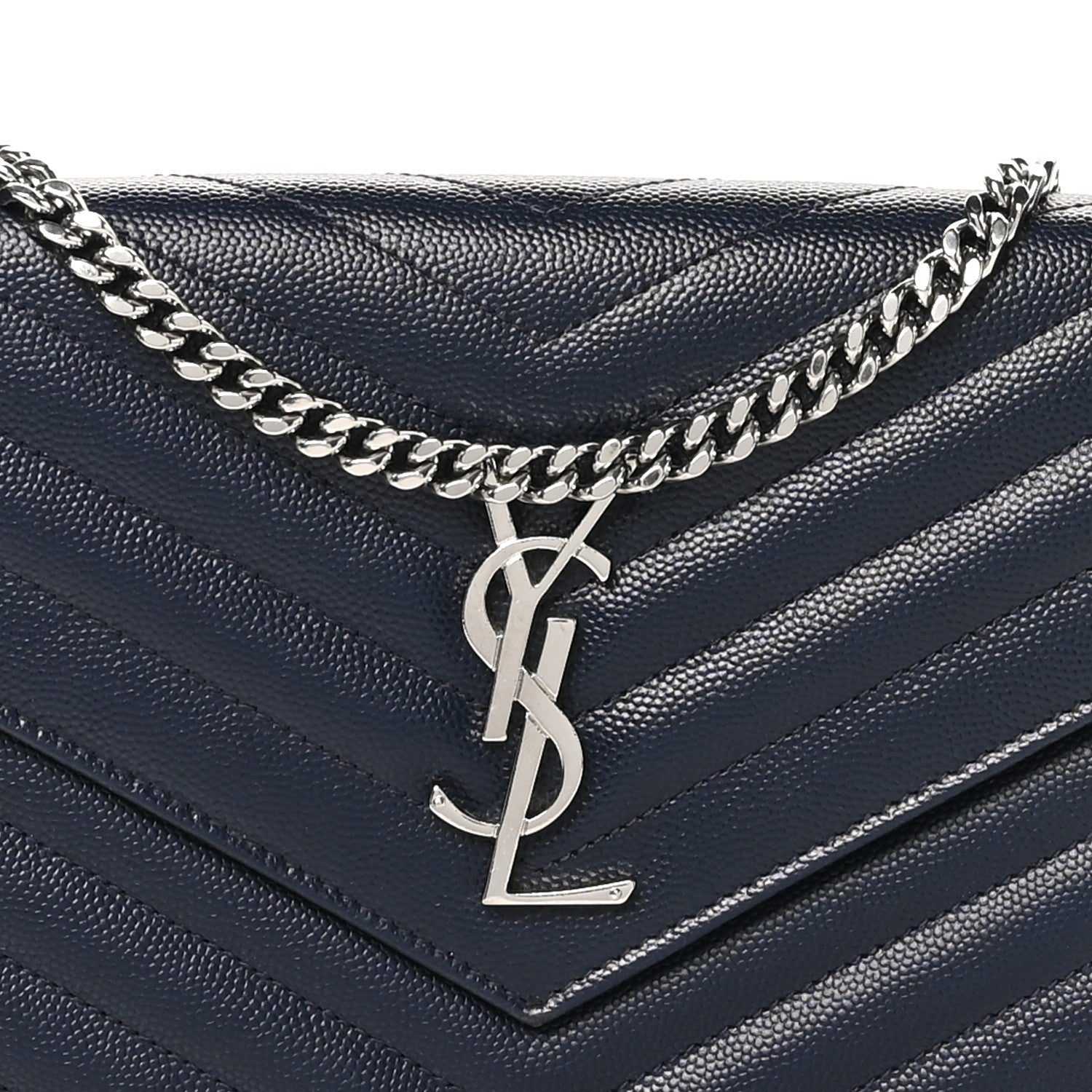 Saint Laurent Grain De Poudre Matelasse Chevron Monogram Chain Wallet Deep Marine 8 of 10