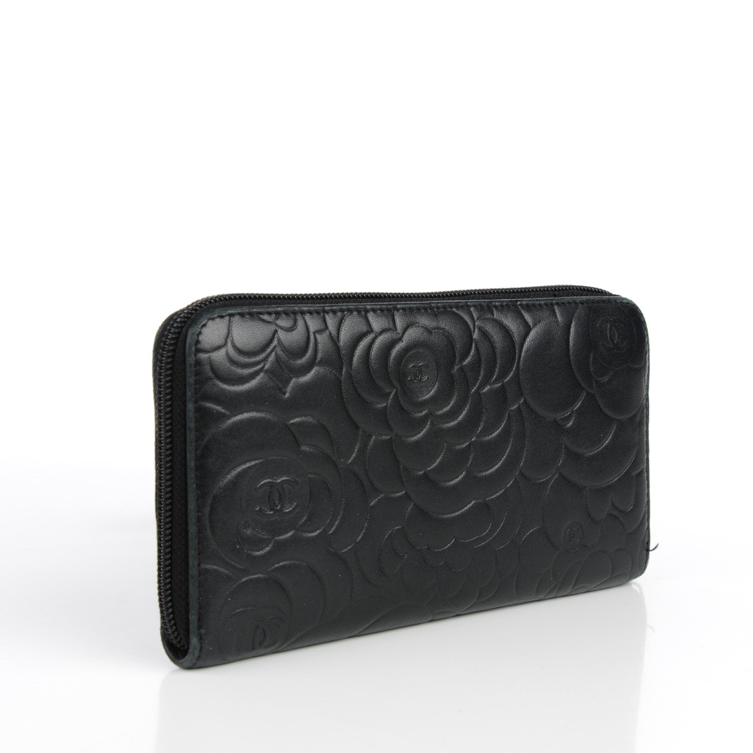 Chanel Lambskin Camellia Embossed Large Zip Around Gusset Wallet Black 3 of 12