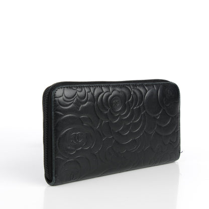 Chanel Lambskin Camellia Embossed Large Zip Around Gusset Wallet Black 3 of 12