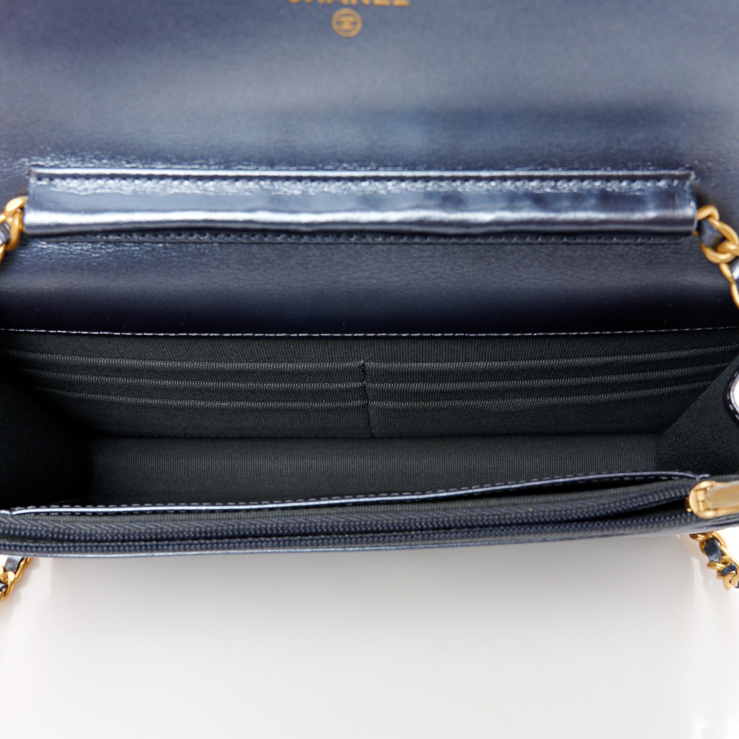 Chanel Metallic Lambskin Wallet On Chain WOC Dark Blue 5 of 12