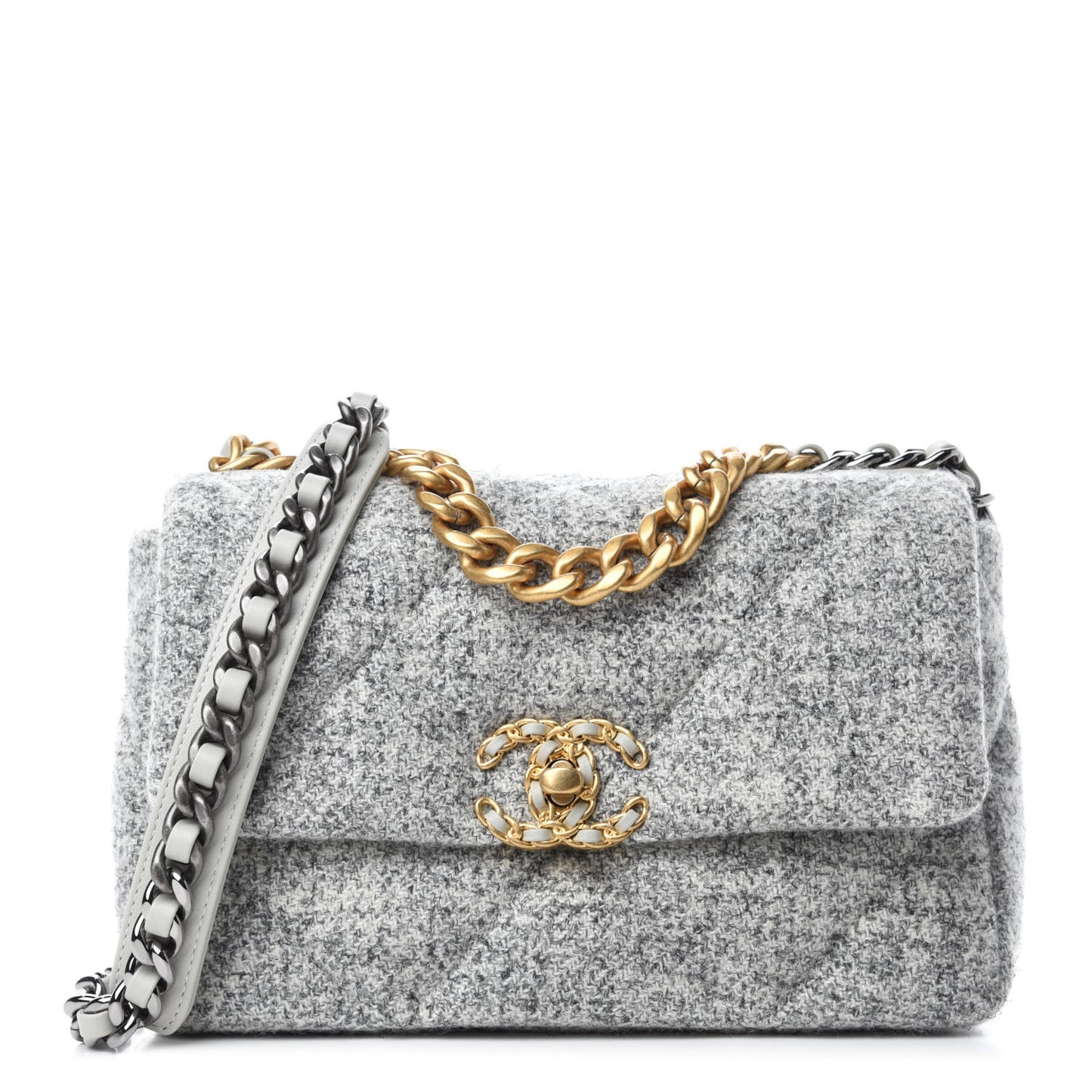 Tweed Quilted Medium Chanel 19 Flap Grey Ecru
