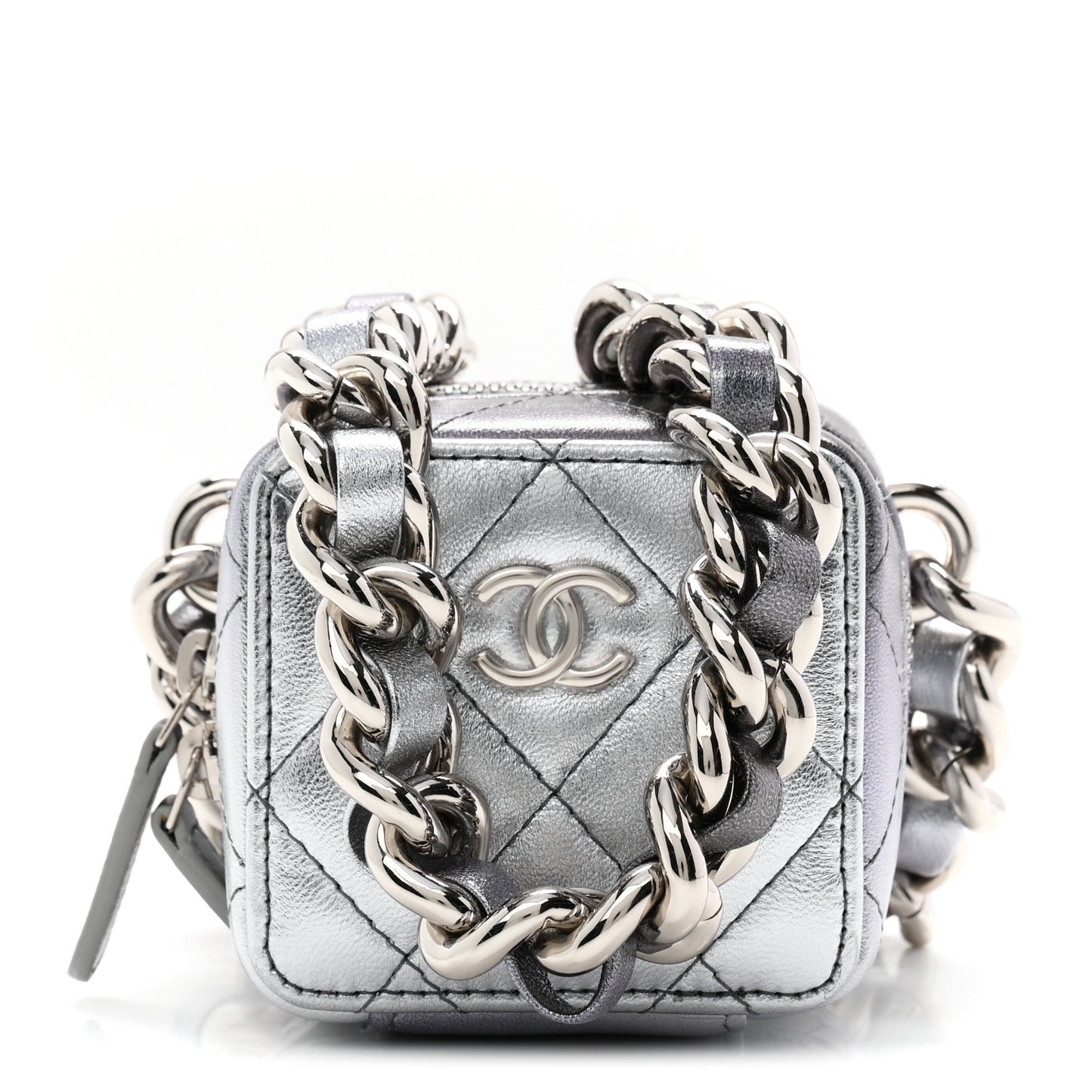 Gradient Metallic Lambskin Quilted Coco Punk Cube Clutch With Chain Silver Black