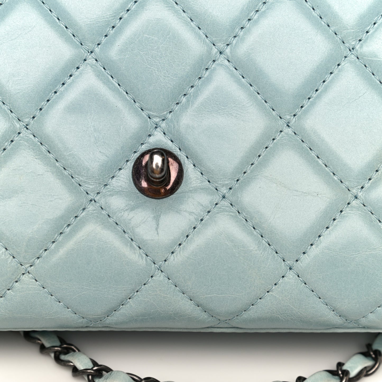 Glazed Calfskin Quilted Large Coco Soft Flap Light Blue