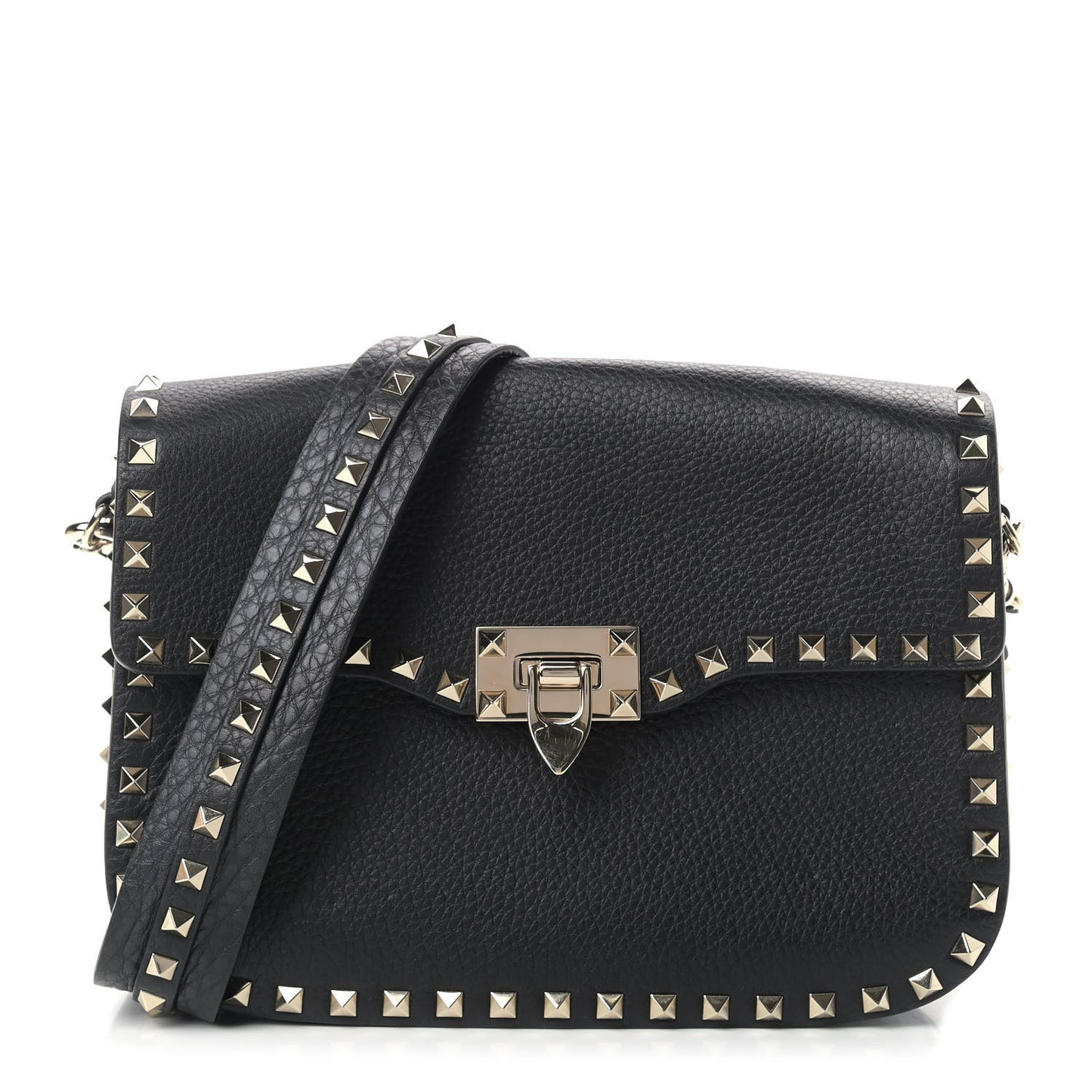 Pebbled Calfskin Medium Rockstud Flap Saddle Bag Black