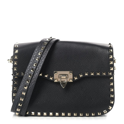 Valentino Garavani Pebbled Calfskin Medium Rockstud Flap Saddle Bag Black 1 of 9