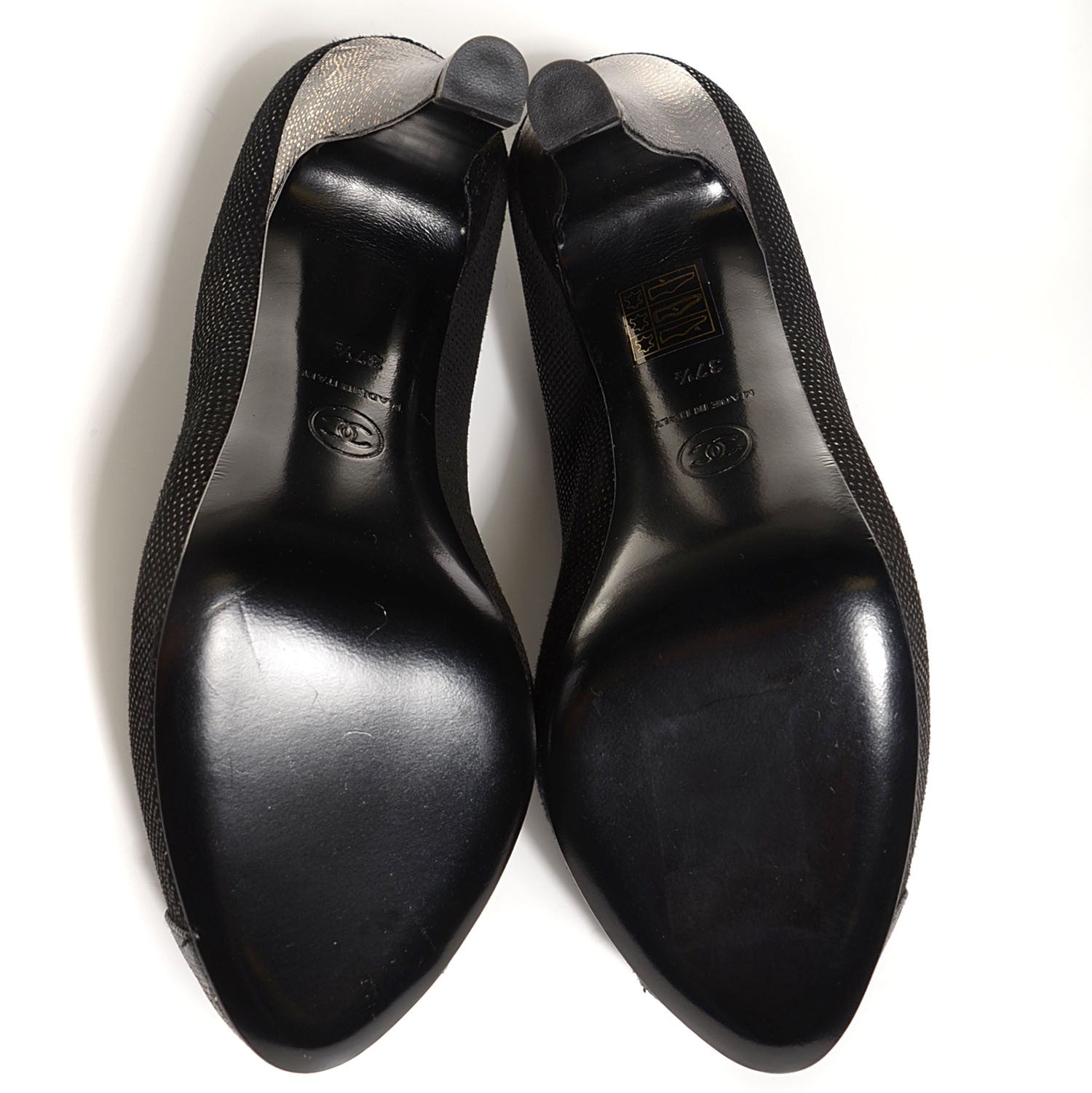 Chanel Coated Suede CC Cap Toe Pumps 37.5 Black 5 of 7