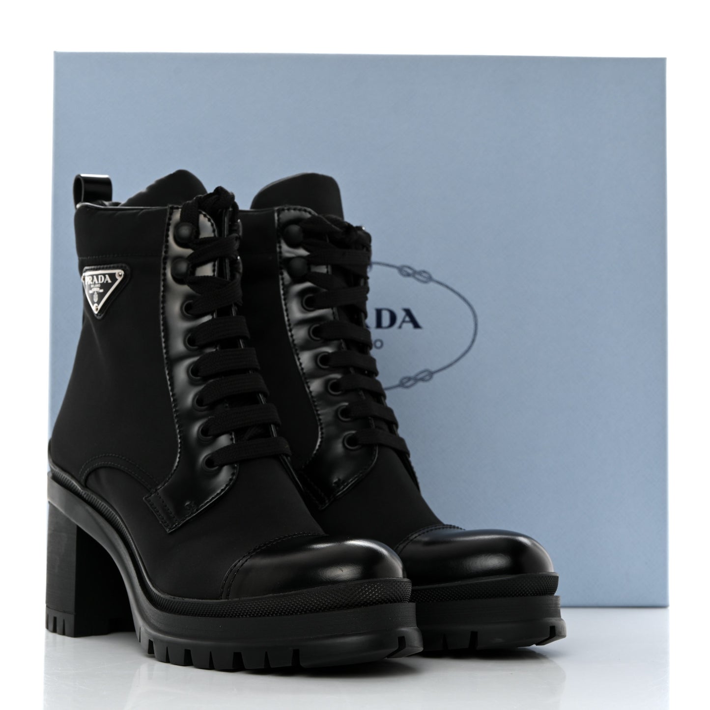 Spazzolato Re-Nylon Metal Triangle Logo Lace Up 55mm Ankle Boots 38 Black