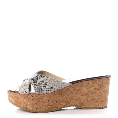 Jimmy Choo Snakeskin Prima Cork Wedge Sandals 38 Natural 1 of 9