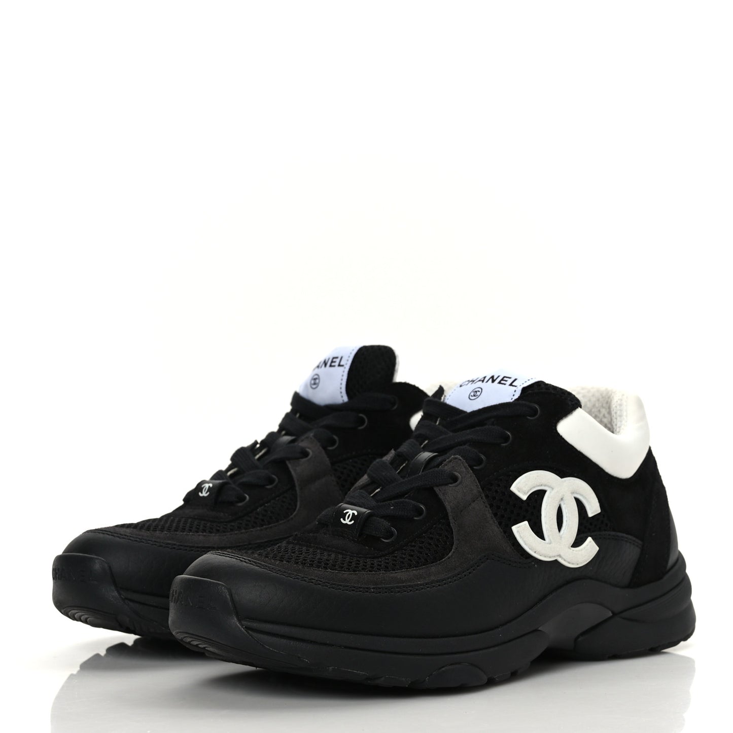 Mesh Suede Grained Calfskin Womens CC Sneakers 38 Black White