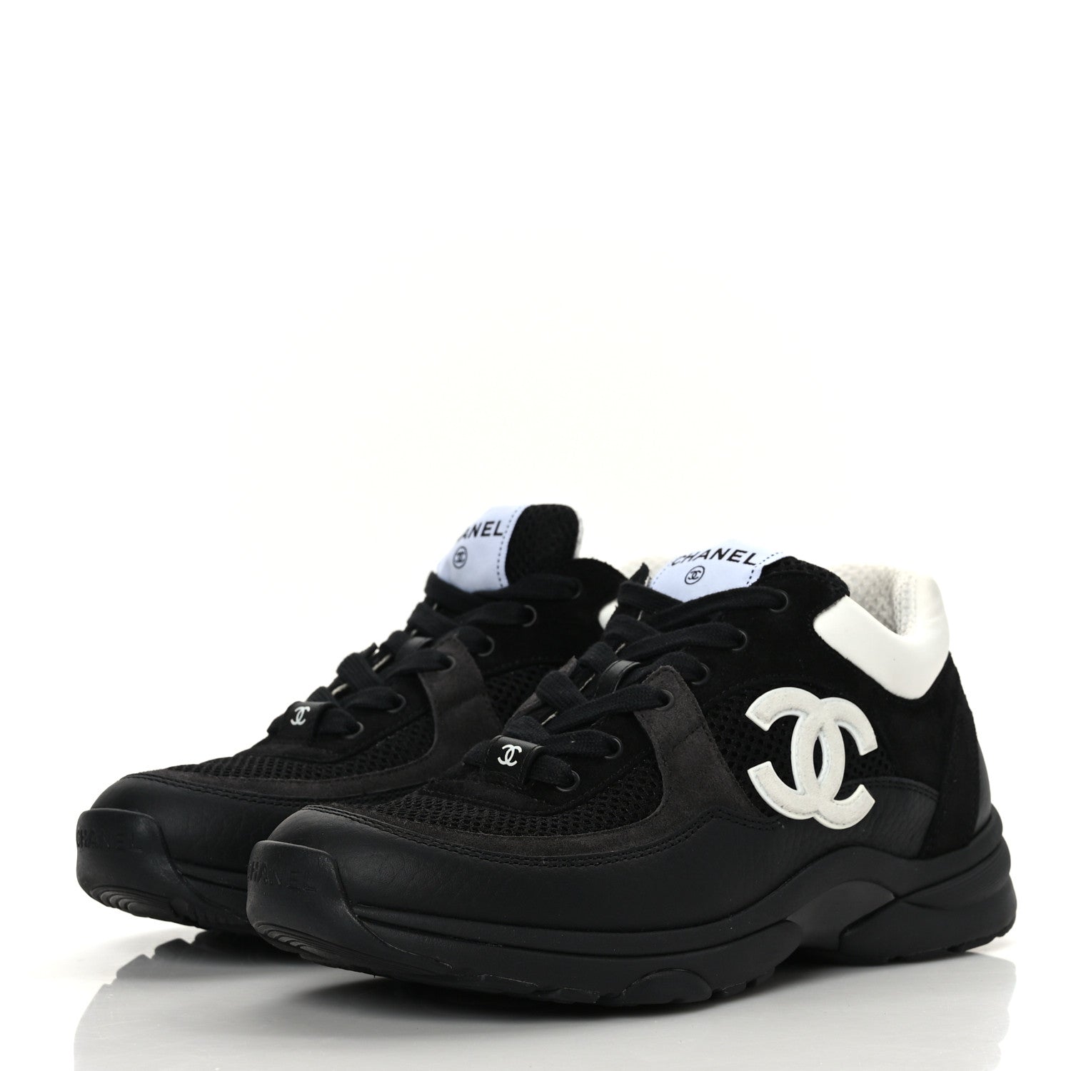 Chanel Mesh Suede Grained Calfskin Womens CC Sneakers 38 Black White 3 of 7