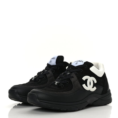 Chanel Mesh Suede Grained Calfskin Womens CC Sneakers 38 Black White 3 of 7