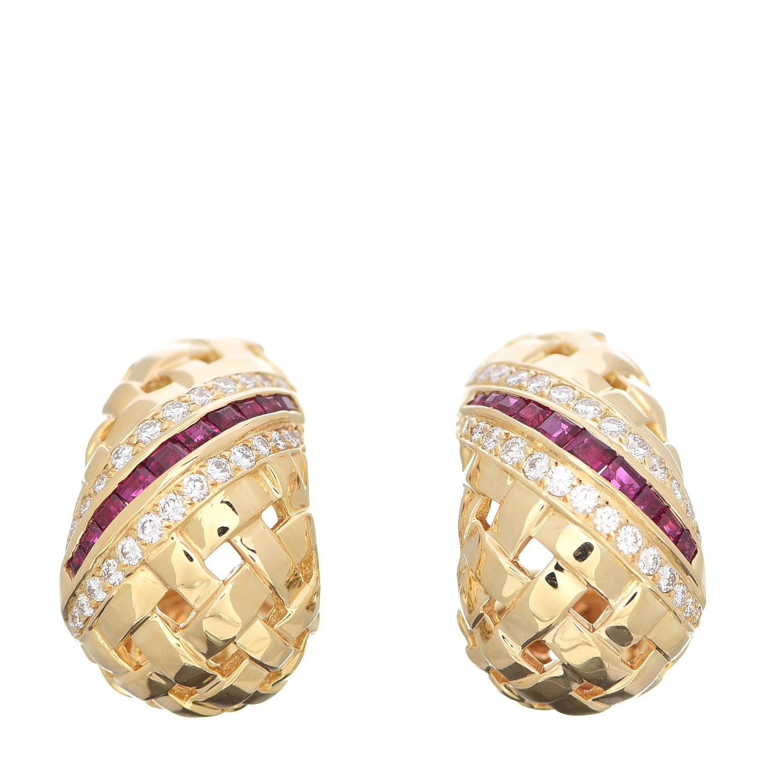 Tiffany 18K Yellow Gold Diamond Ruby Vannerie Clip-On Earrings 1 of 5