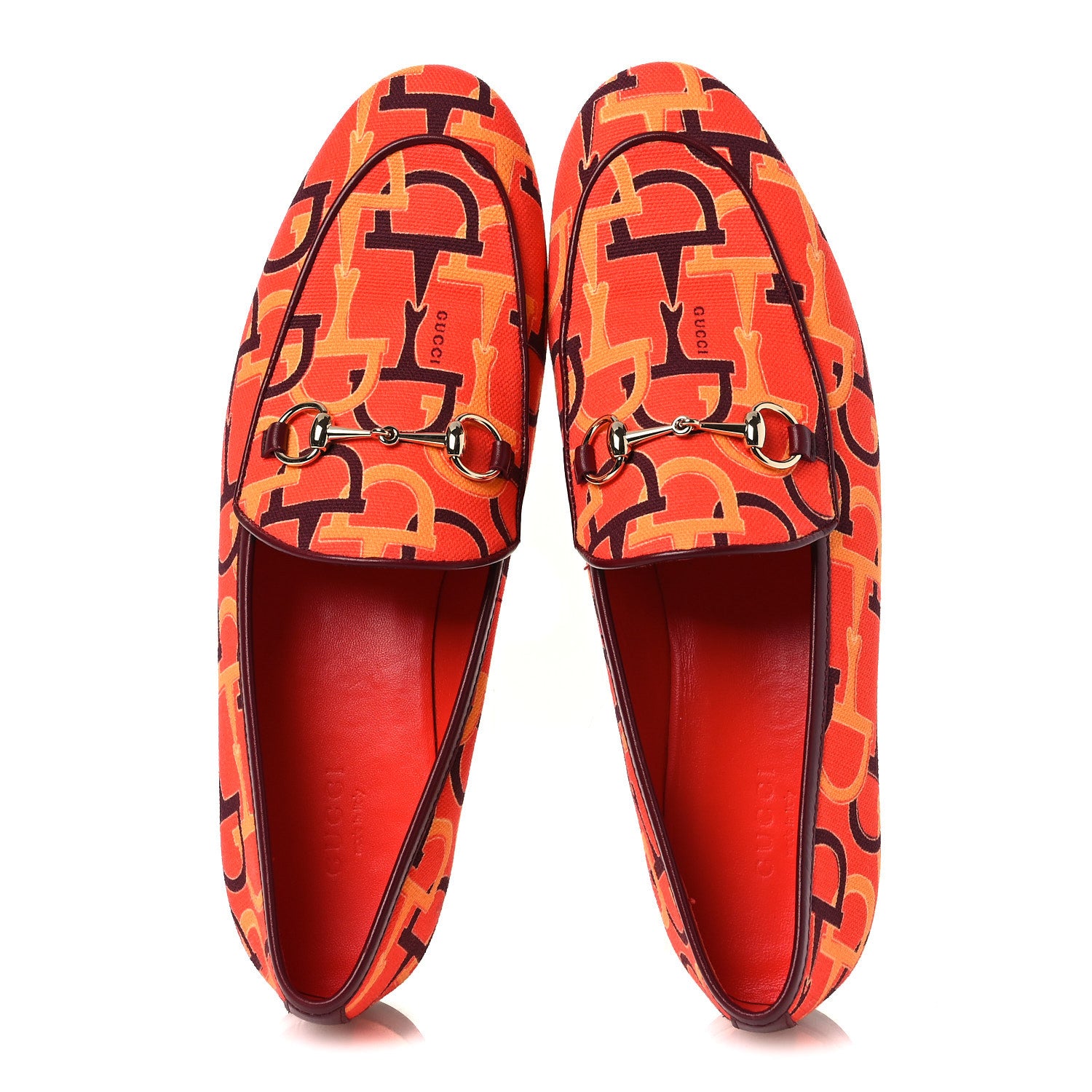 Gucci Betis Glamour Canvas Horsebit Print Womens Jordaan Loafers 39.5 Orange Red Rosso Ancora 2 of 11