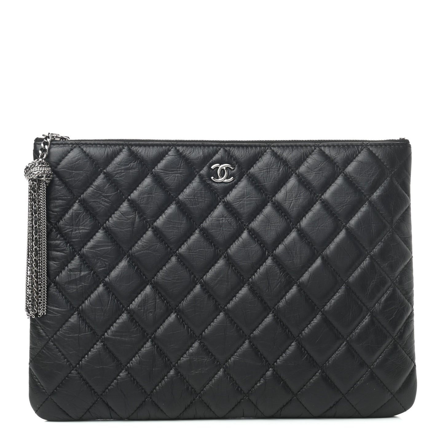 Aged Calfskin Quilted Medium Tassel Cosmetic Case Black