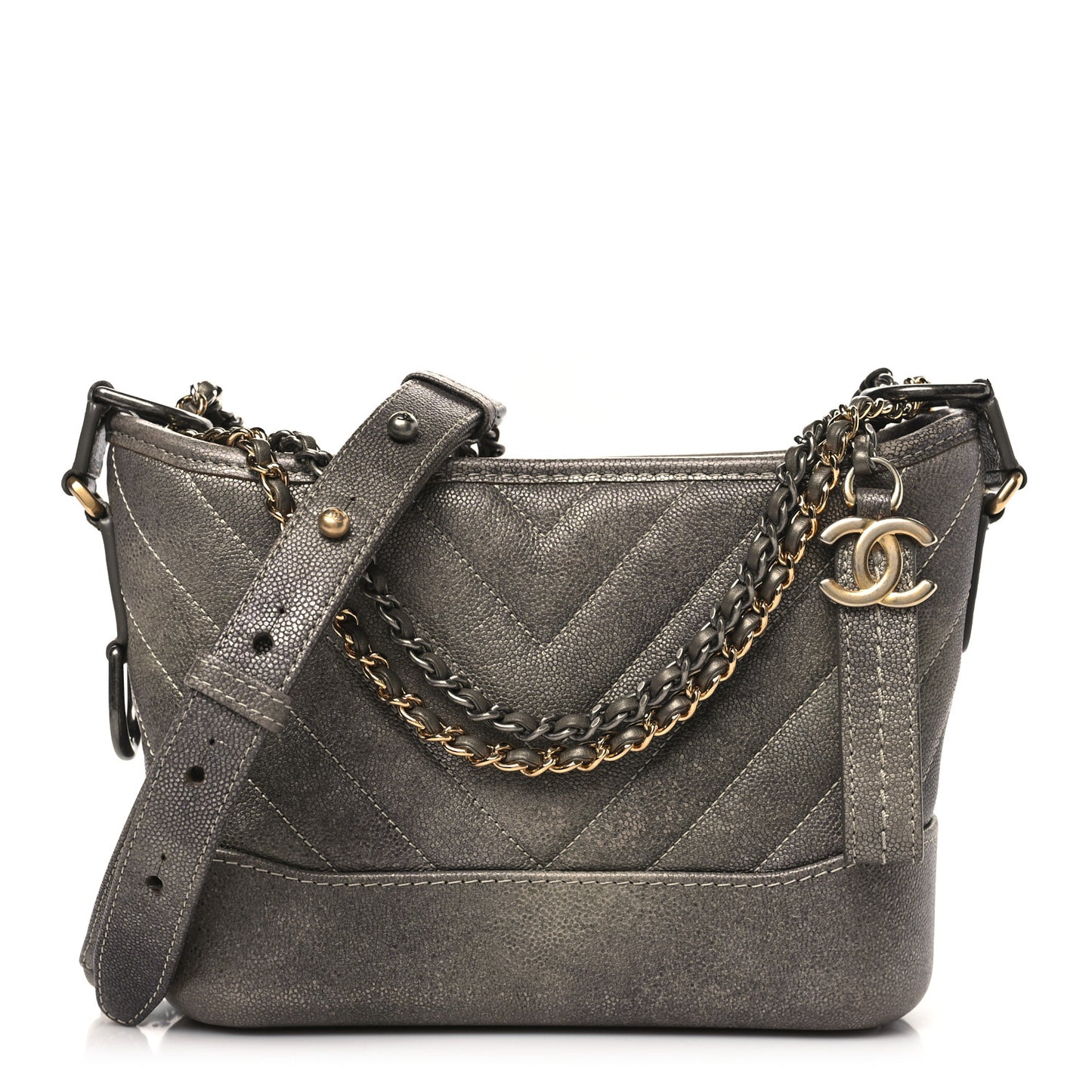 Metallic Caviar Chevron Quilted Small Gabrielle Hobo Light Silver Gold