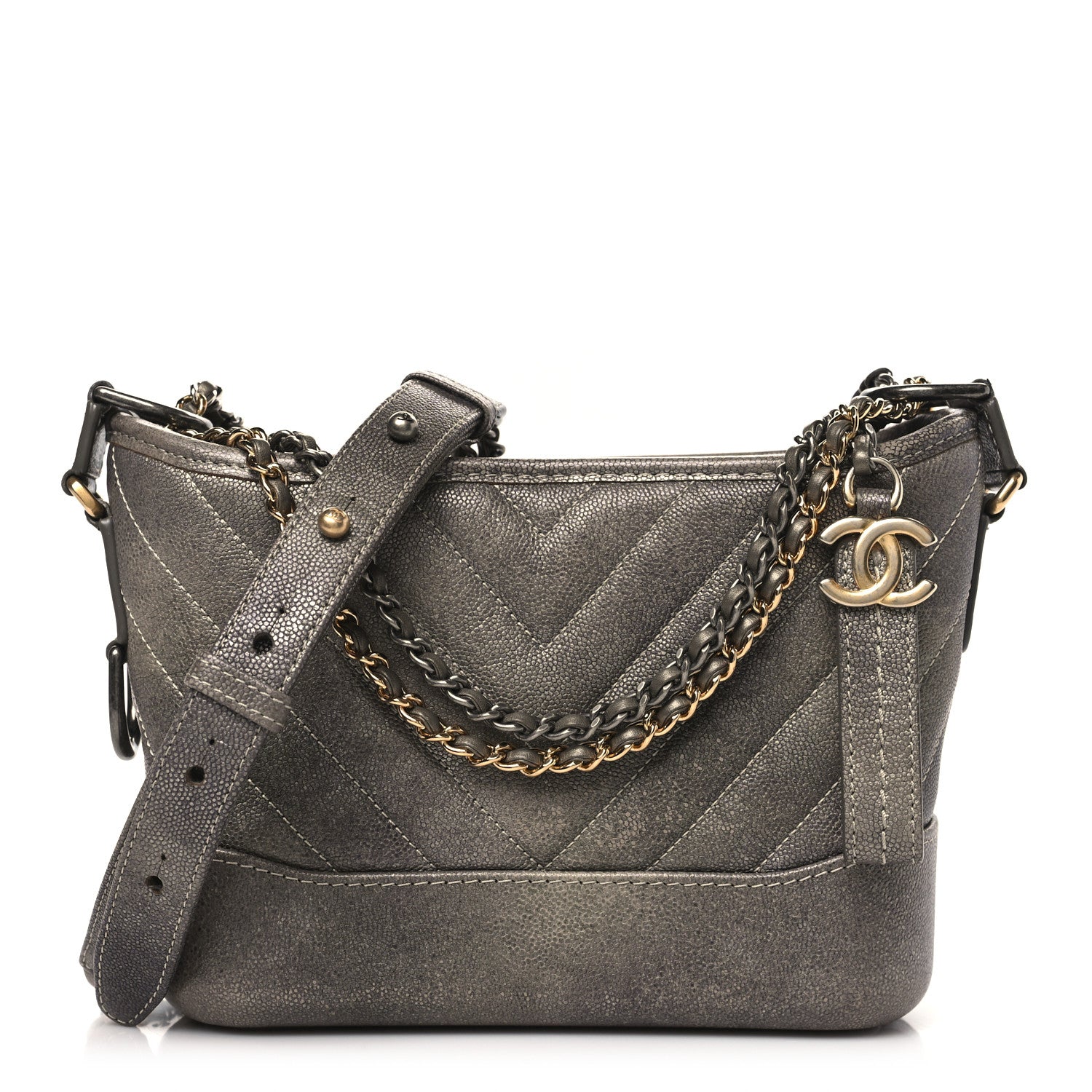Chanel Metallic Caviar Chevron Quilted Small Gabrielle Hobo Light Silver Gold 1 of 11