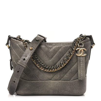 Chanel Metallic Caviar Chevron Quilted Small Gabrielle Hobo Light Silver Gold 1 of 11