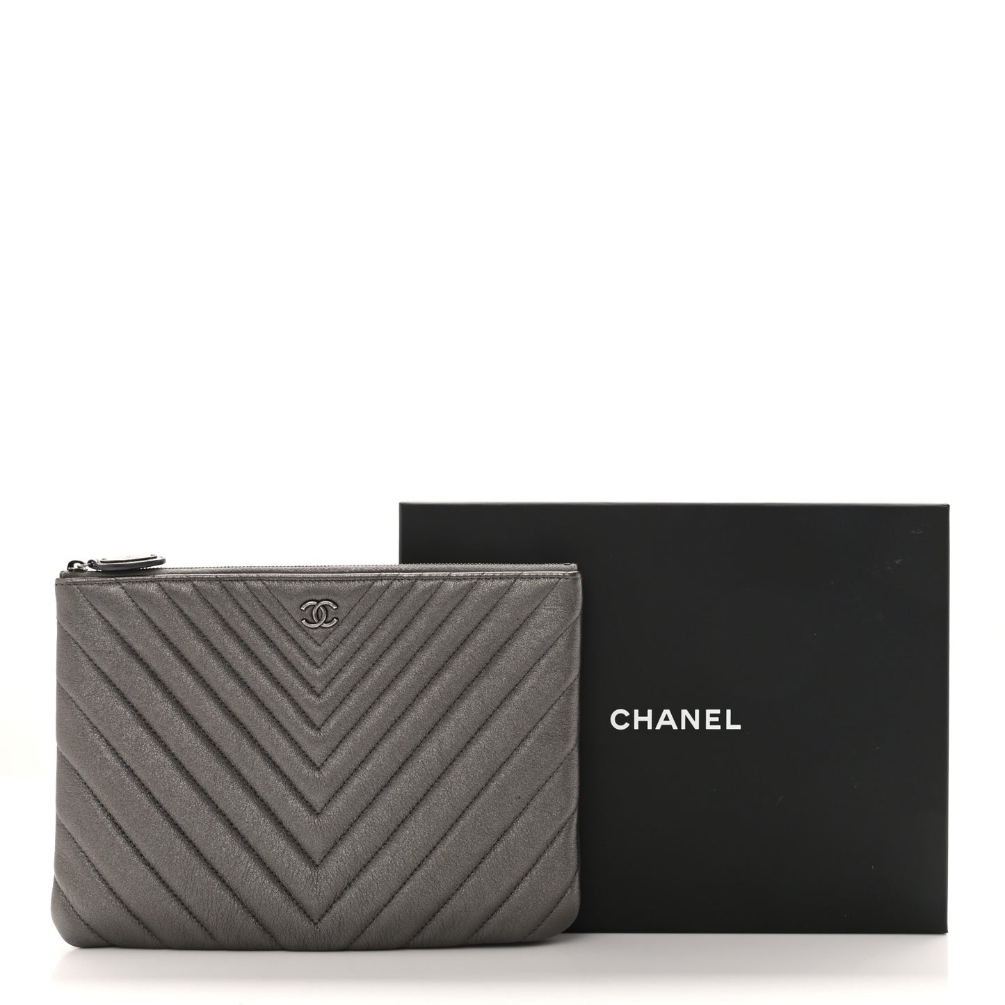 Sheepskin Chevron Quilted Medium Cosmetic Case Dark Silver