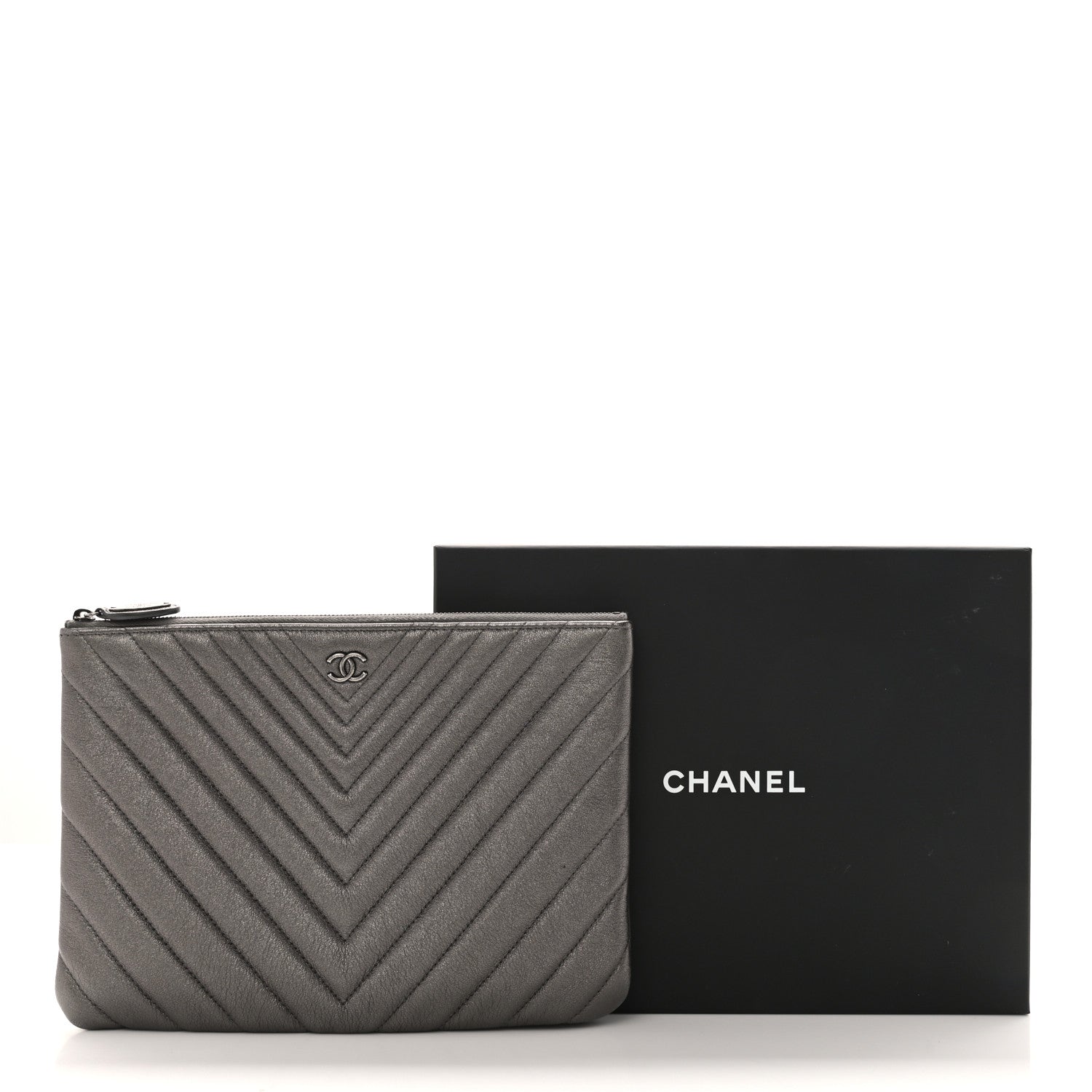Chanel Sheepskin Chevron Quilted Medium Cosmetic Case Dark Silver 8 of 8