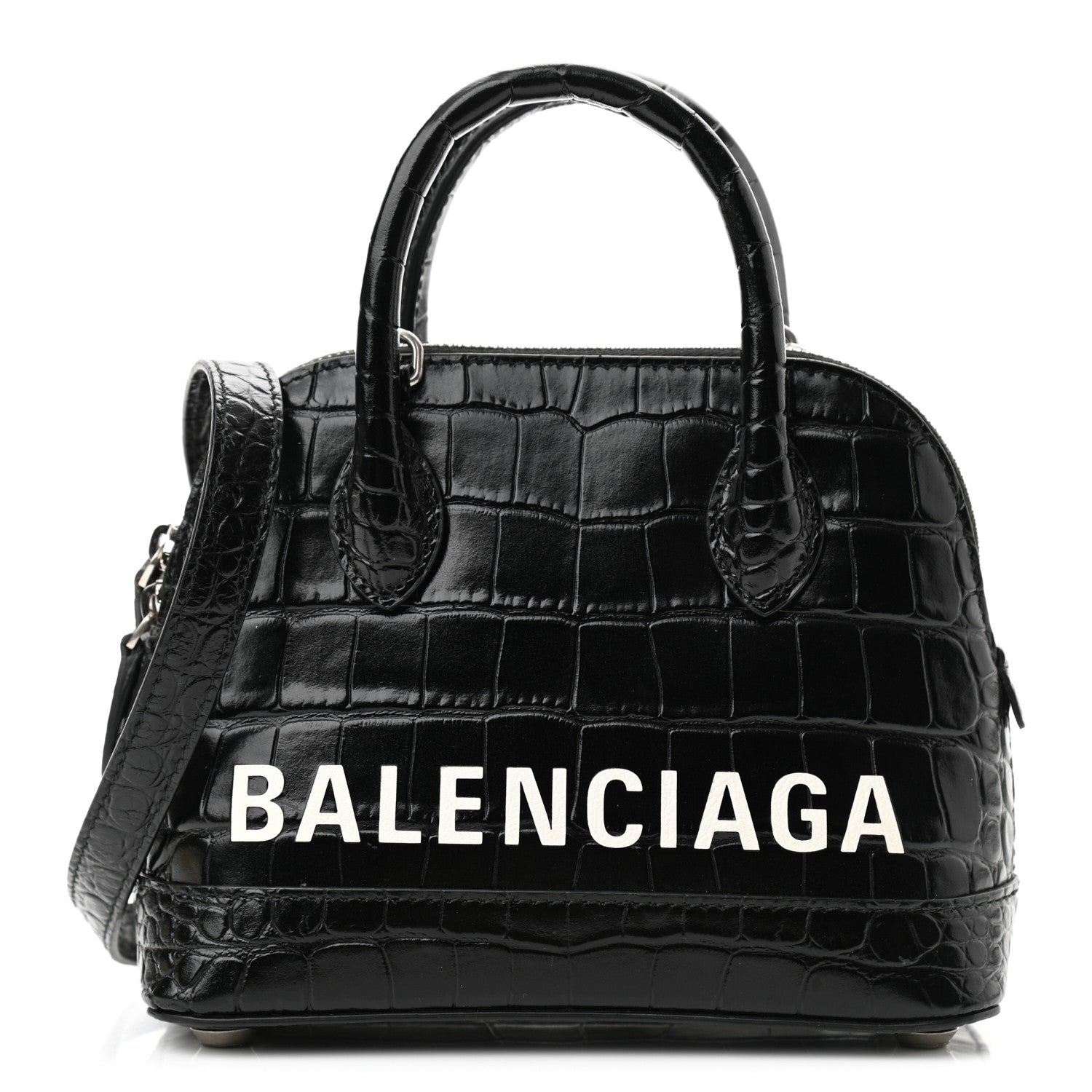 Balenciaga Calfskin Logo Crocodile Embossed XXS Ville Top Handle Bag Black White 1 of 9