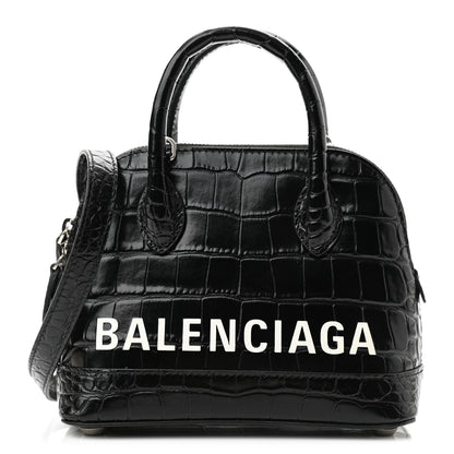 Balenciaga Calfskin Logo Crocodile Embossed XXS Ville Top Handle Bag Black White 1 of 9