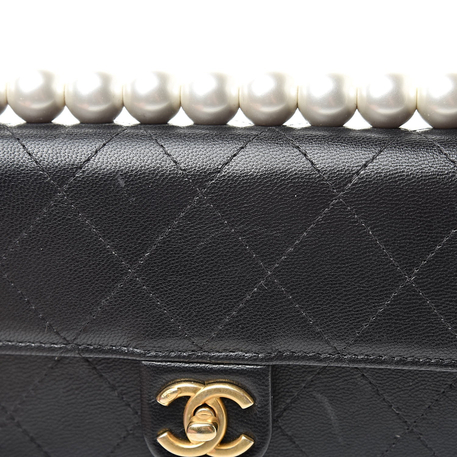 Chanel Goatskin Quilted Pearl Short Handle Clutch With Chain Black 12 of 14