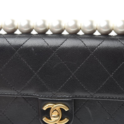 Chanel Goatskin Quilted Pearl Short Handle Clutch With Chain Black 12 of 14