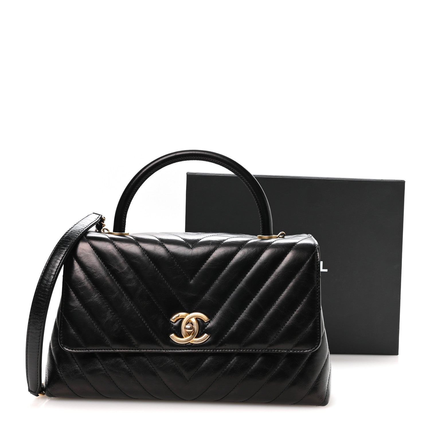 Chanel Aged Calfskin Chevron Quilted Small Coco Handle Flap Black 11 of 11
