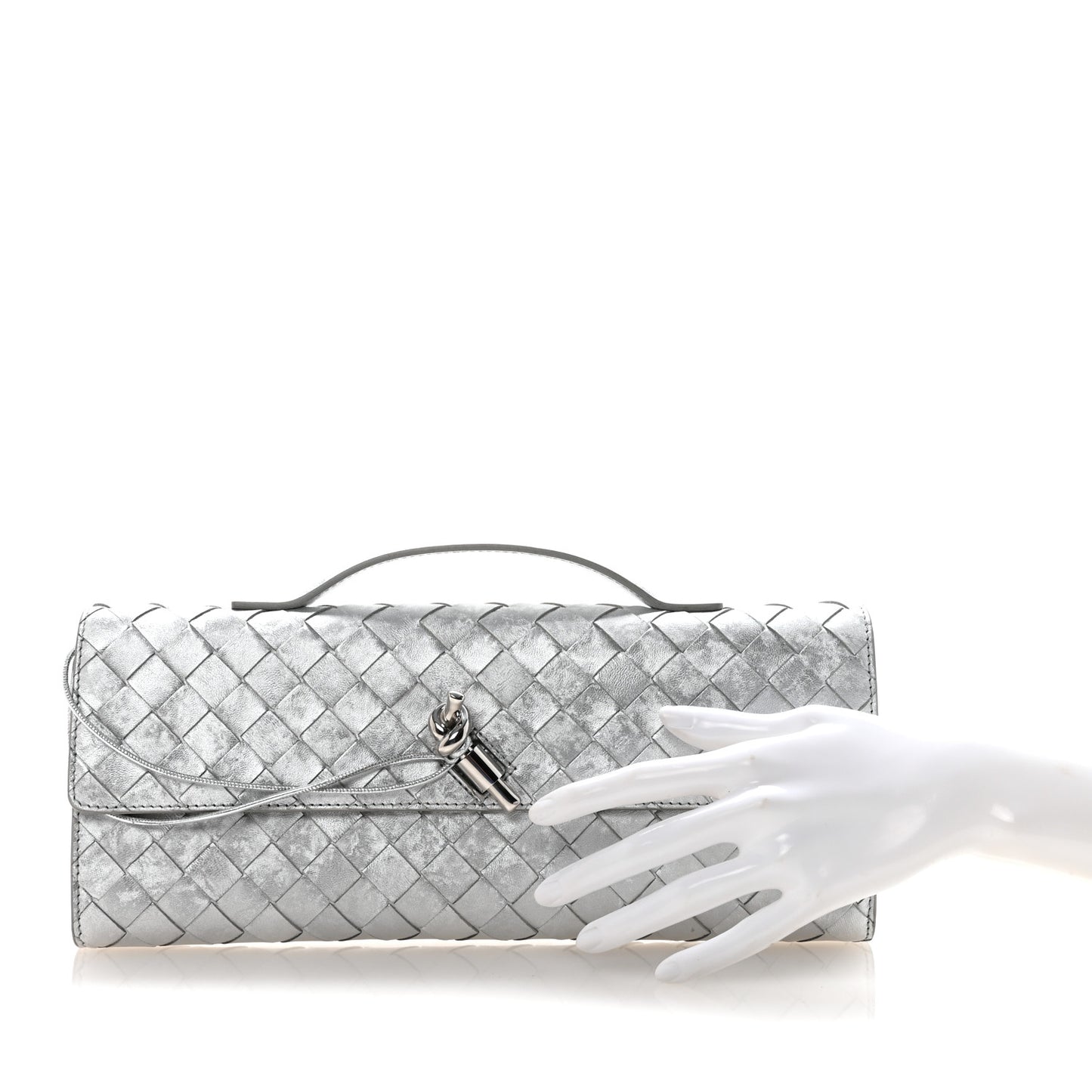 Metallic Lambskin Intrecciato Long Andiamo Top Handle Clutch Silver