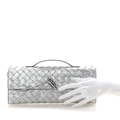 Bottega Veneta Metallic Lambskin Intrecciato Long Andiamo Top Handle Clutch Silver 2 of 6