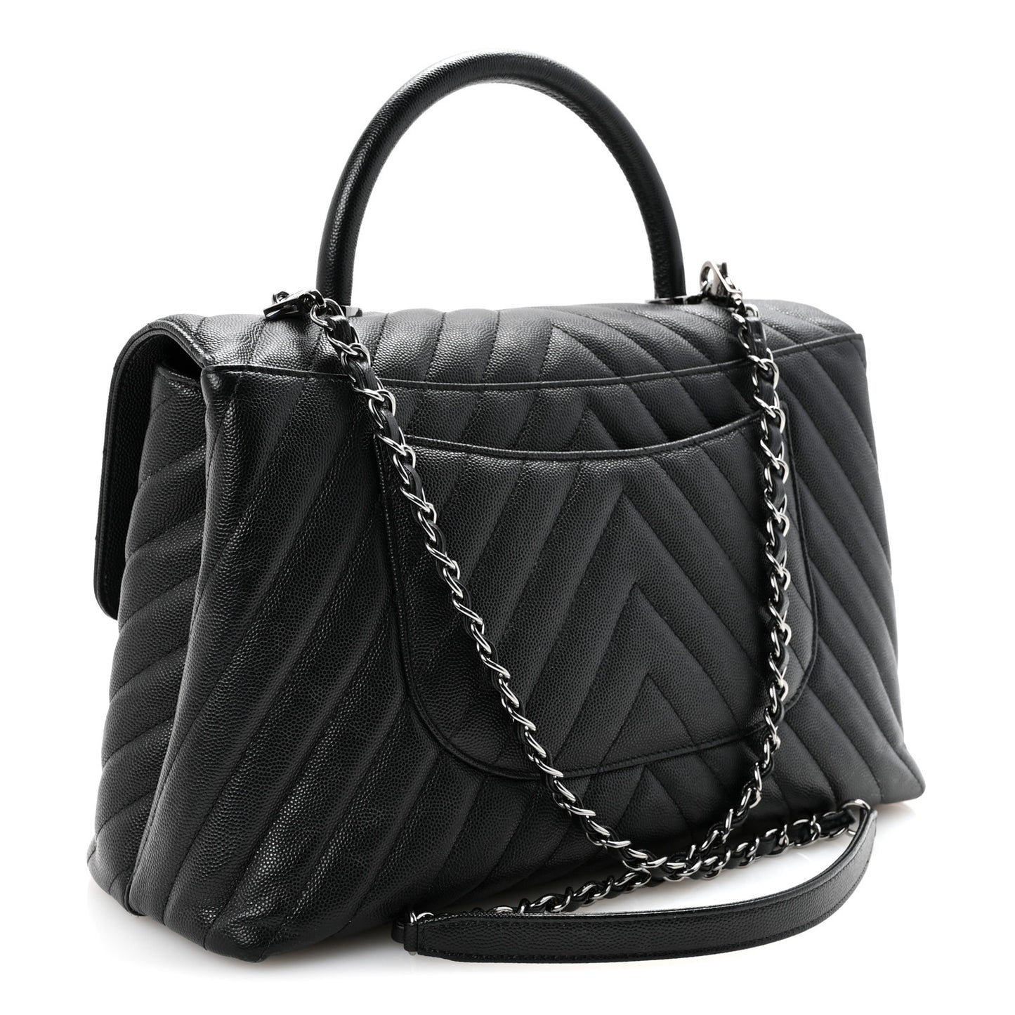 Caviar Chevron Quilted Medium Coco Handle Flap Black