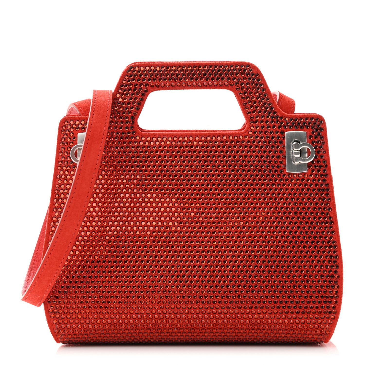Salvatore Ferragamo Suede Crystal Embellished Mini Wanda Top Handle Flame Red 1 of 9