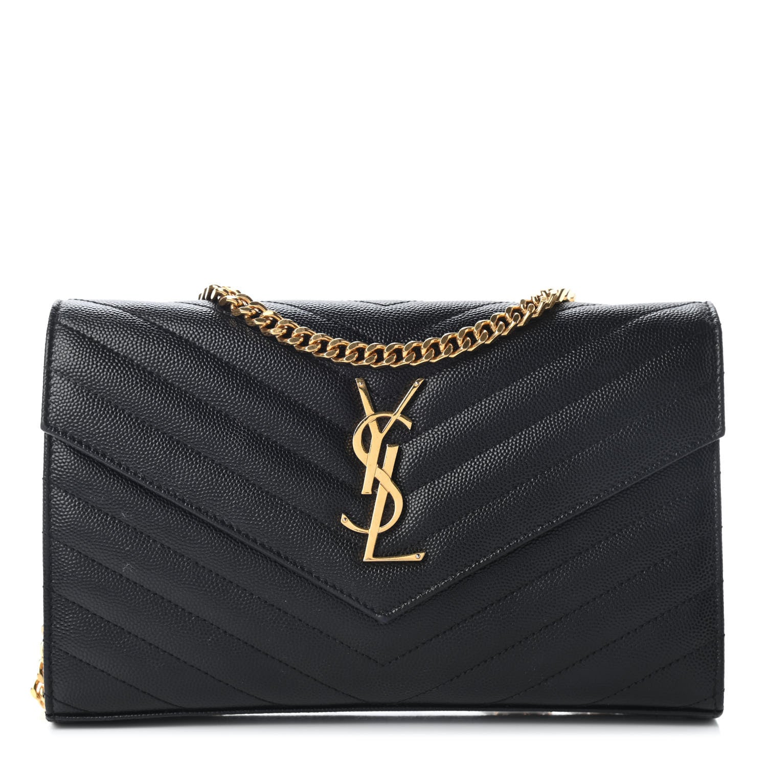 Saint Laurent Grain De Poudre Matelasse Chevron Monogram Chain Wallet Black 1 of 7