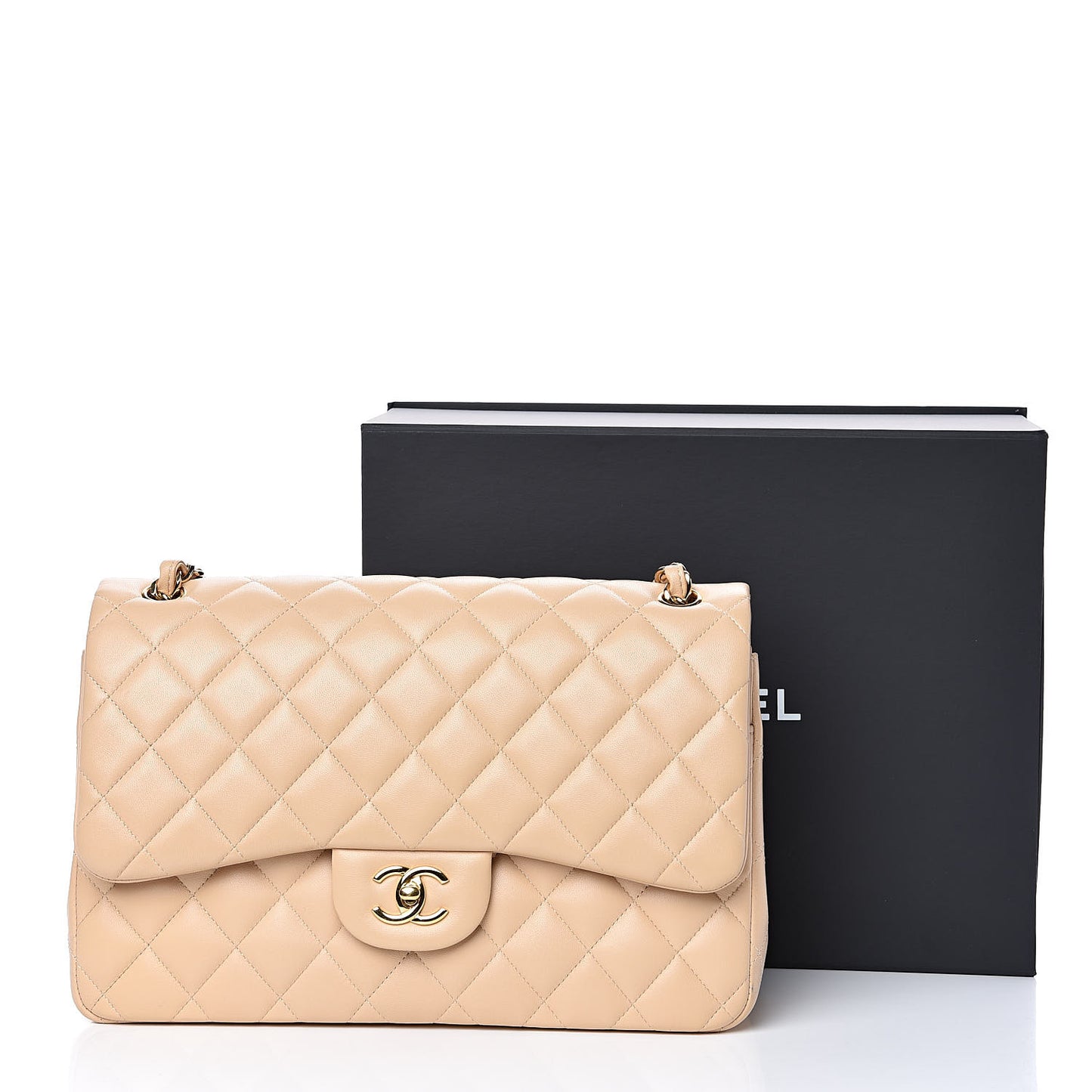 Lambskin Quilted Jumbo Double Flap Beige Clair