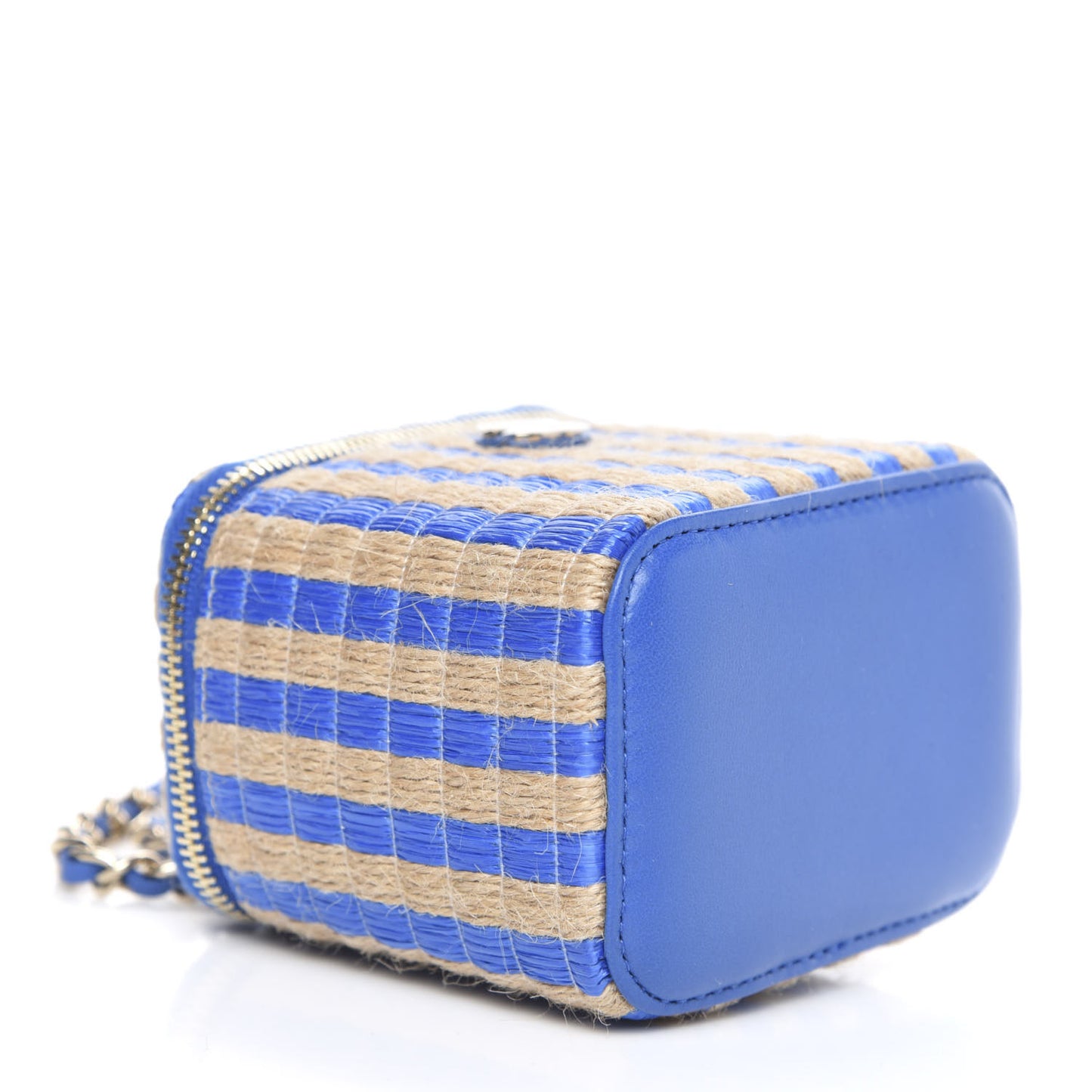 Raffia Jute Striped Mini Vanity Case With Chain Blue Beige