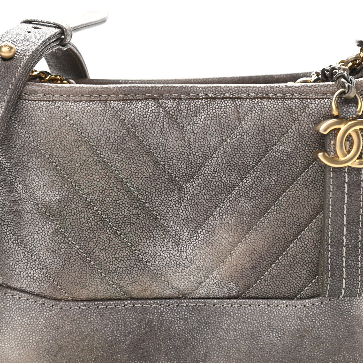 Chanel Metallic Caviar Chevron Quilted Small Gabrielle Hobo Light Silver Gold 8 of 10